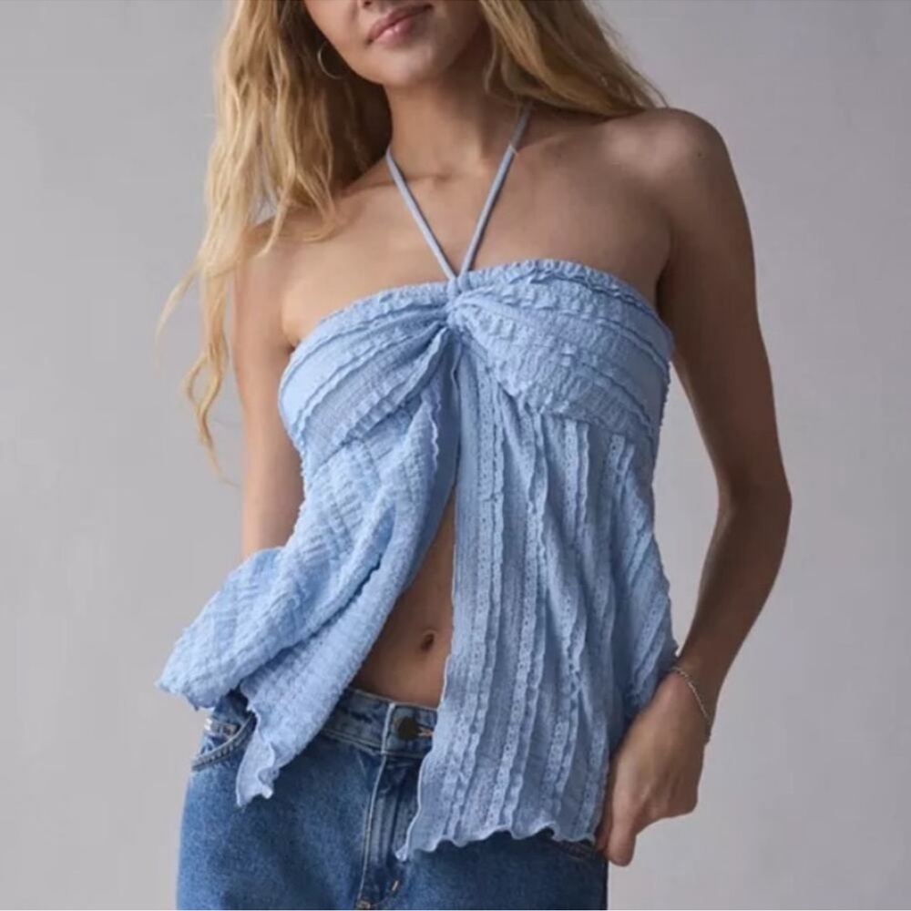 NWT Y2K UO Eloise Convertible Tie Split-Front Tube Top small Baby Blue Lace Tie